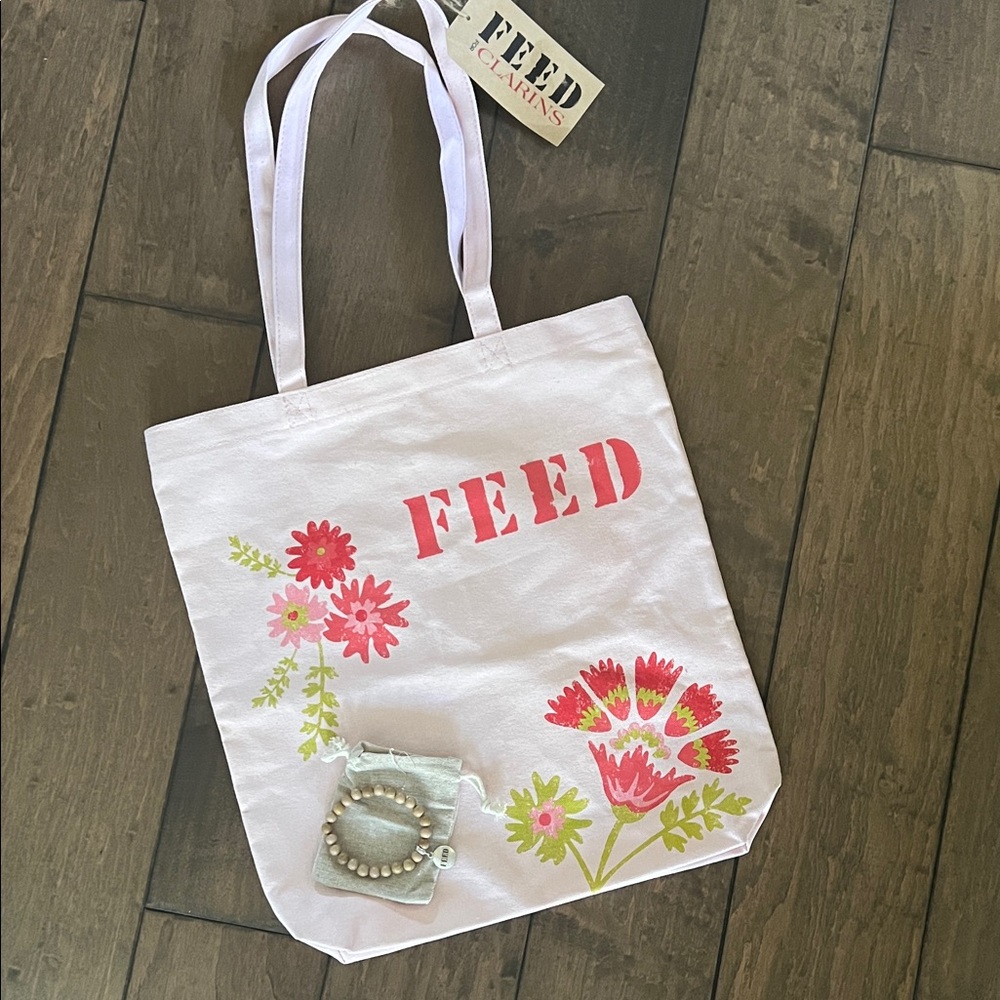 NWT FEED x Clarins Canvas Tote & Beaded Bracelet